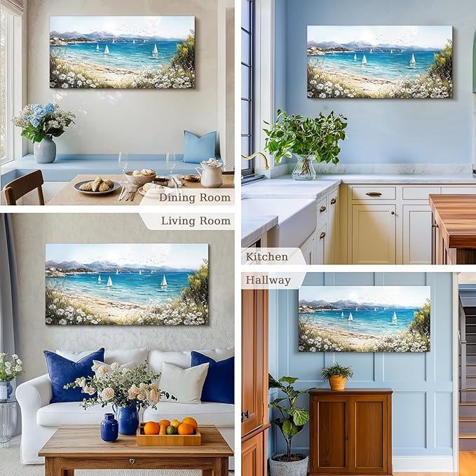 SERIMINO Coastal Landscape Large Wall Art, Beach Daisy Canvas Art Prints, Bay Sailboat Artwork for Walls, Nature Ocean Scenery Paintings Wall Decor Living Room Bedroom, Rustic Home Decor 24"X48"