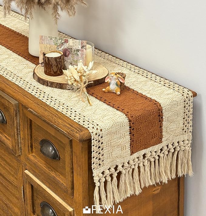 FEXIA Boho Table Runner 48 Inches Long Macrame Summer Decor Coffee Table Cover Farmhouse Stylewith Tassels for Party Bohemian Rustic Wedding Bridal Shower Dining Room Middle Brown (12x48 Inches)