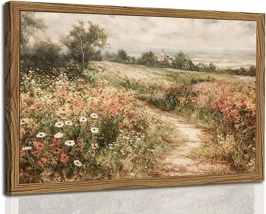 Vintage Floral Wall Art Nature Country Wildflower Wall Decor Painting Modern Botanical Flower Farmhouse Landscape Artwork 3D Textured Sandstone for Living Room Bedroom 24x36 inch Wood Framed