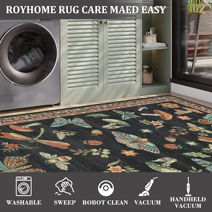 ROYHOME Mushroom 9x12 Area Rugs for Living Room Low-Pile Whimsical Cottage Core Insect Bug Butterfly Funky Dark Gothic Decor for Bedroom Nursery Dining Room Black Brown