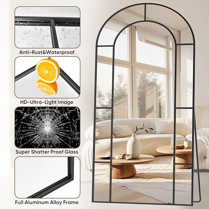 Antok 78" x 38" Full Length Mirror, Floor Mirror Arched Window Decorative Mirror, Metal Framed Decor Farmhouse Floor Mirrors Art Pane Mirrors Wall Decor for Bedroom, Living Room, Entryway Black