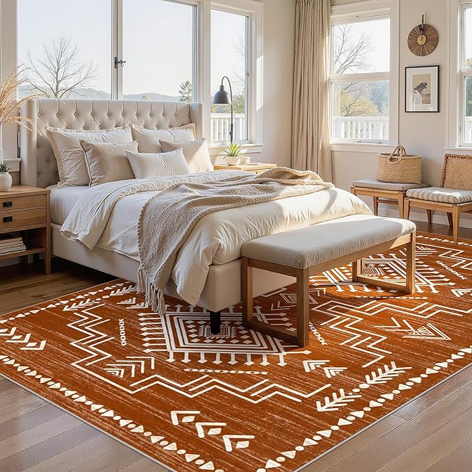 Joydeco Moroccan Washable 8x10 Rugs for Living Room, Western Burnt Orange Large Area Rug for Bedroom Dining Room, Soft Stain Resistant Aztec Carpet Fall Rug for Guestroom Office Playroom