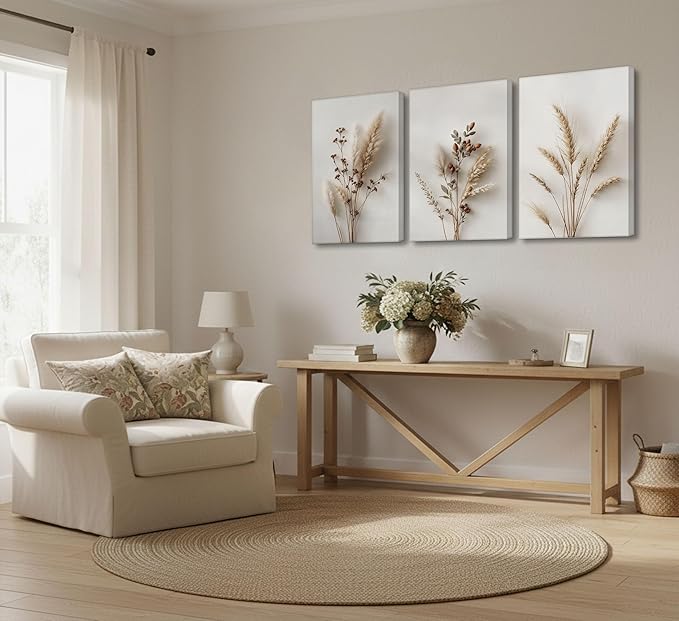 3Pcs Beige Neutral Floral Botanical Canvas Wall Art Modern Minimalist Beige Flower Plant Painting Wall Decor Poster Print Artwork for Living Room Bedroom Bathroom Home Decortion