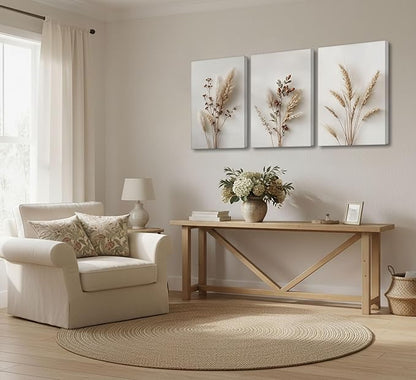 3Pcs Beige Neutral Floral Botanical Canvas Wall Art Modern Minimalist Beige Flower Plant Painting Wall Decor Poster Print Artwork for Living Room Bedroom Bathroom Home Decortion