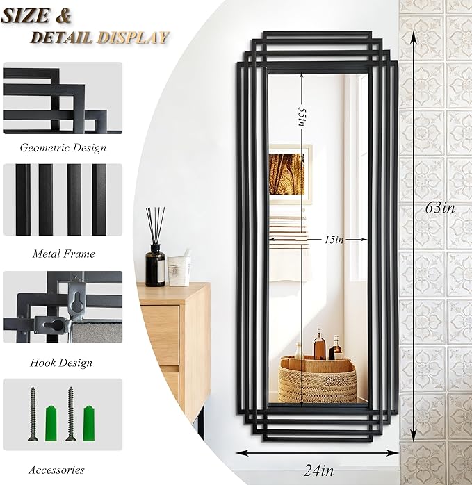 Large Geometric Mirror, 63"x24" Rectangle Art Deco Mirror with Black Metal Frame, Modern Elegant Wall Mirrors for Living Room Bathroom Entryway Hallway, Hangs Vertically or Horizontally
