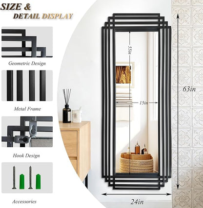 Large Geometric Mirror, 63"x24" Rectangle Art Deco Mirror with Black Metal Frame, Modern Elegant Wall Mirrors for Living Room Bathroom Entryway Hallway, Hangs Vertically or Horizontally