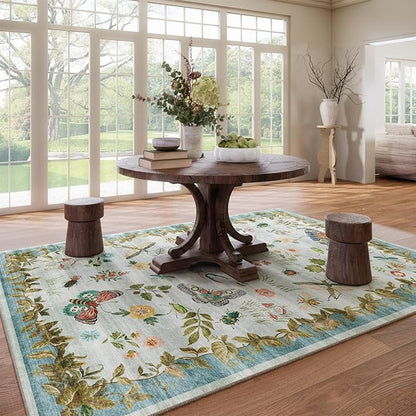 Machine Washable Rug for Living Room: 9x12 Area Rugs Vintage Rug Stain Resistant Non Slip Low Pile Soft Lightweight Carpets for Bedroom Kitchen Dining Room Nursery Kids Room Farmhouse Indoor