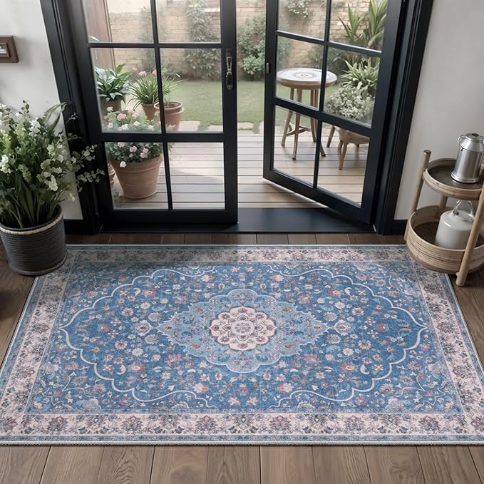 Tangsoo Vintage 2x4 Small Washable Rug for Entryway,Non-Slip Kitchen Rugs,Blue Beige Indoor Mat Soft Low Pile Front Door Carpet for Porch Bedroom Entrance Bathroom