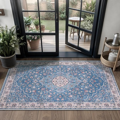 Tangsoo Vintage 2x4 Small Washable Rug for Entryway,Non-Slip Kitchen Rugs,Blue Beige Indoor Mat Soft Low Pile Front Door Carpet for Porch Bedroom Entrance Bathroom