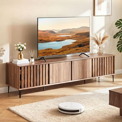 Giantex 4-Door Slatted TV Stand for 80 Inches TVs, Mid Century Modern Entertainment Center with 4 Storage Cabinets, Wooden TV Console Table with 6 Metal Legs for Living Room, Bedroom, Walnut