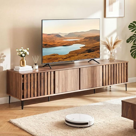 Giantex 4-Door Slatted TV Stand for 80 Inches TVs, Mid Century Modern Entertainment Center with 4 Storage Cabinets, Wooden TV Console Table with 6 Metal Legs for Living Room, Bedroom, Walnut