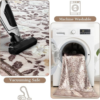 6x9 Area Rug,Floral Rugs for Living Room Bedroom,Low Pile Soft Large Carpet with Non Slip Machine Washable Boho Vintage Rug for Dining Room,Brown