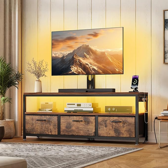 JUSTOGO TV Stand with Mount and Power Outlet, TV Stand with Drawers Storage for Living Room Bedroom, LED Entertainment Center for 45 55 60 65 inch, Height Adjustable Media Console, Rustic Brown