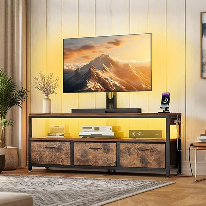JUSTOGO TV Stand with Mount and Power Outlet, TV Stand with Drawers Storage for Living Room Bedroom, LED Entertainment Center for 45 55 60 65 inch, Height Adjustable Media Console, Rustic Brown