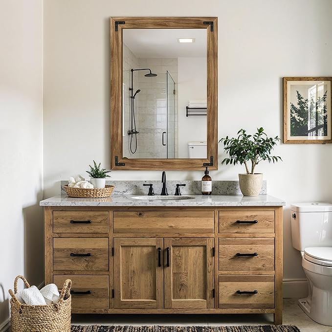 Wood Bathroom Mirror for Wall, 28"x40" Rustic Farmhouse Wood Framed Mirror for Bathroom Sink, Entryway, Living Room, Bedroom