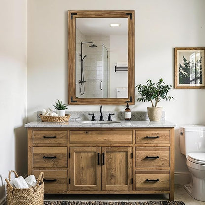 Wood Bathroom Mirror for Wall, 28"x40" Rustic Farmhouse Wood Framed Mirror for Bathroom Sink, Entryway, Living Room, Bedroom