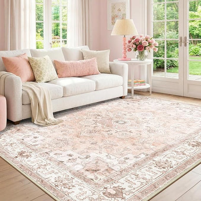 CAPALOCA Machine Washable Rugs Nursery Rug 6x9 Cute Girl Non Slip Low Pile Water Repellent Soft Print Pattern for Bedroom Indoor Decor Kids Playroom Pink