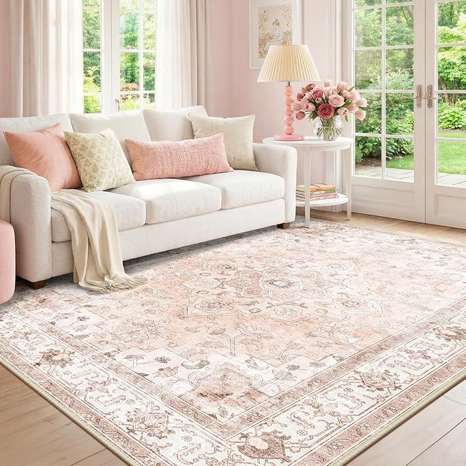 CAPALOCA Machine Washable Rugs Nursery Rug 4x6 Cute Girl Non Slip Low Pile Water Repellent Soft Print Pattern for Bedroom Indoor Decor Kids Playroom Pink