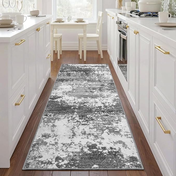 Grey 2x5 Washable Entryway Runner Rug Non Slip for Hallways Kitchen, Bathroom Rug Runners with Rubber Backing 5ft Long Carpet for Laundry Room, Low Pile Stain & Fade Resistant, Abstract Gray