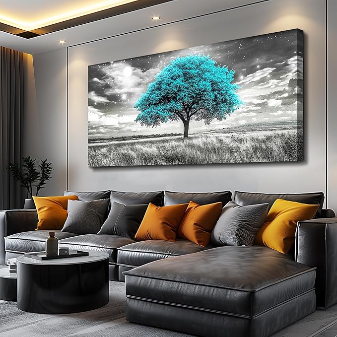 KELIYUAN Large Canvas Wall Art For Living Room Wall Decor For Bedroom Corridor Blue Tree Natural Scenery Full Of Stars Black And White Modern Printing Dining Room Kitchen Home Decoration 30 "X 60"