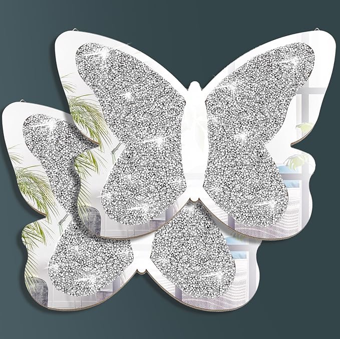 Vesici 2 Pieces Butterfly Shaped Mirror Crystal Crushed Diamond Silver Mirror Silver Wall Decor for Living Room Modern Decorative Artwork for Nursery Wedding Decor(19.69 x 14.57 Inch)