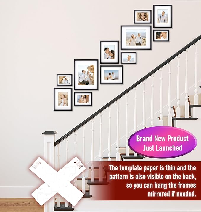 VELISTA 11 Piece Stair Picture Frame Set for Wall – Shadow Box Stairwell Gallery Wall Frame Set -Stairway Décor for Walls - Ladder Picture Frames 4x6, 5x7, and 8x10 in – Staircase Wall Décor (Black)