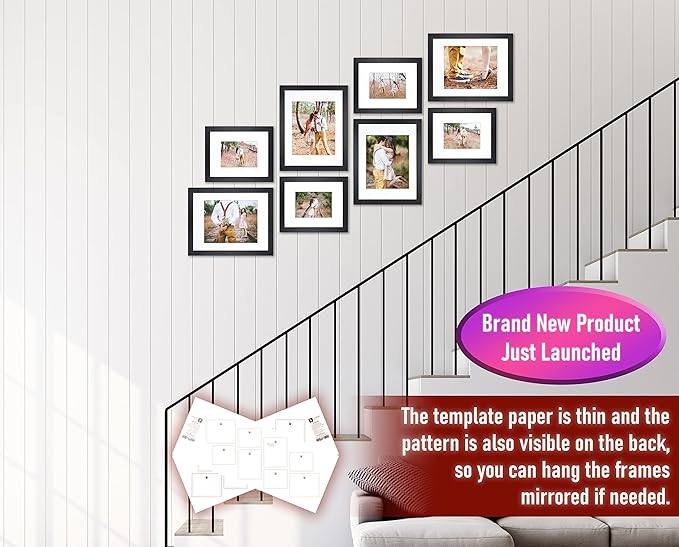 VELISTA 8 Piece Stair Picture Frame Set for Wall Collage - Stairwell Gallery Wall Frame Set - Stairway Décor - Ladder Photo Frames with Mat for 5x7 and 8x10 in – Staircase Wall Décor (Black)