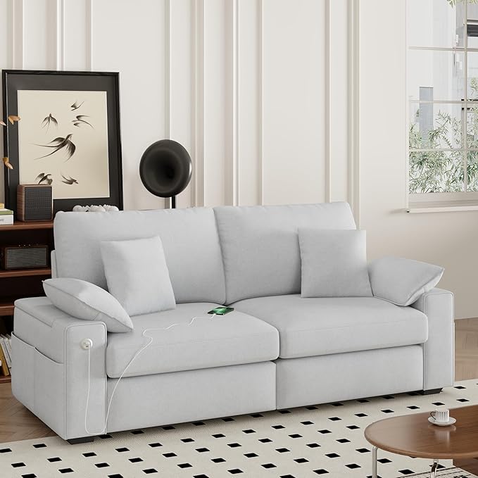 76" Modern Loveseat Couches for Living Room, Comfy Loveseat Sofa with Deep Seat Couch, USB/Type-C Port, Side Storage, Removable Cover, Small Couches for Living Room, Light Grey