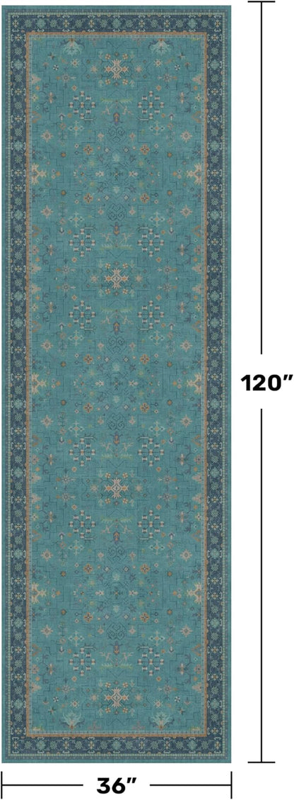 Hazo Haus Teal 10ft Long Hallway Runner Rug - 3 x 10 Runner Rug, Boho Washable 3x10 Kitchen Floor Mat - Vintage Eclectic Boho Design Décor