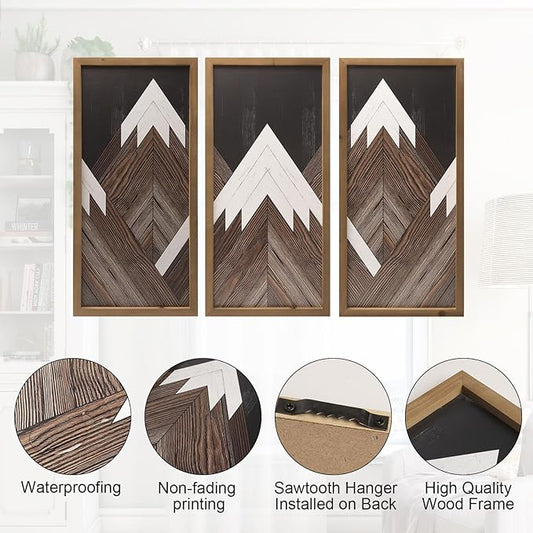 flangairy Set of 3 Mountain Wall Art Framed, 21×10 Inchs Wooden Brown White Abstract Forest Nature Wall Decor, Living Dining Room Bedroom Hallway Rustic Decorations for Home