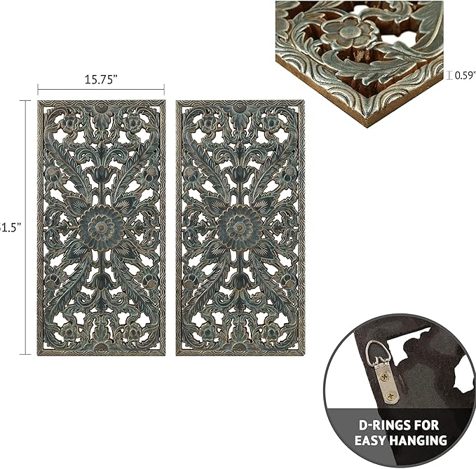 Madison Park Wall Art Living Room Décor - Floral Antiqued Wooden Carving Wall Decor Panel, Copper Embellished, Ready to Hang Wall Decor for Bedroom, 15.75"W x 31.5"L x 0.59"D, Patina Blue, 2 Piece