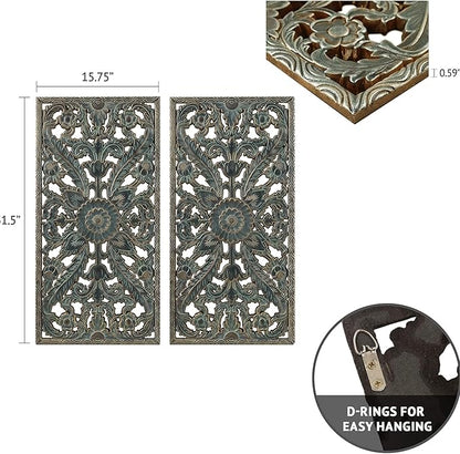 Madison Park Wall Art Living Room Décor - Floral Antiqued Wooden Carving Wall Decor Panel, Copper Embellished, Ready to Hang Wall Decor for Bedroom, 15.75"W x 31.5"L x 0.59"D, Patina Blue, 2 Piece