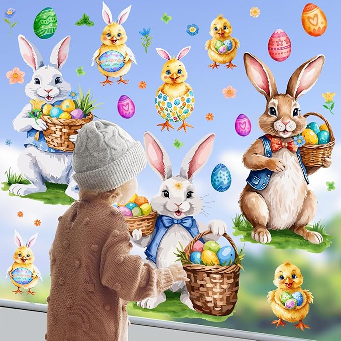 Easter Window Decoration Clings Bunny Decals for Glass Window Double-Side Vintage Bunny Decal Removable Easter Eggs Chick Rabbit Stickers for Living Room Kids Bedroom Nursery Spring Holiday Supplies