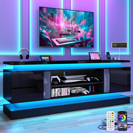 chartustriable 71IN LED TV Stands w/Power Outlet for 85/80/75 Inch TVs,High Glossy Modern Tall Entertainment Center TV Media Console Gaming with 2 Storage Cabinets,Dual LED Lights,Black