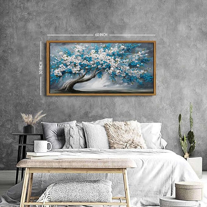 Abstract White Daisy Flower Framed Wall Art Colorful Tree Wall Decor Nature Navy Blue Botanical Painting Rustic Farmhouse Pictures Posters Modern Artwork for Bedroom Living Room Decorations 30x57.8