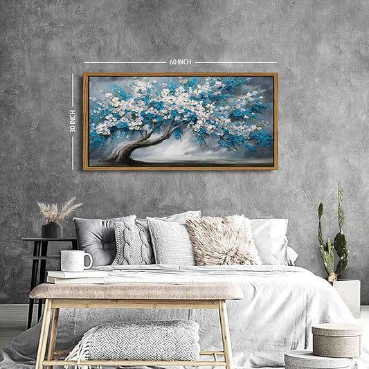 Abstract White Daisy Flower Framed Wall Art Colorful Tree Wall Decor Nature Navy Blue Botanical Painting Rustic Farmhouse Pictures Posters Modern Artwork for Bedroom Living Room Decorations 30x57.8