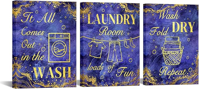 sechars Laundry Room Wall Art Wash Dry Fold Laundry Sign Painting Canvas Prints Purple and Gold Bathroom Laundry Decor (Purple)
