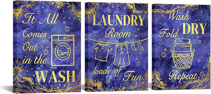 sechars Laundry Room Wall Art Wash Dry Fold Laundry Sign Painting Canvas Prints Purple and Gold Bathroom Laundry Decor (Purple)