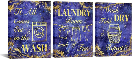 sechars Laundry Room Wall Art Wash Dry Fold Laundry Sign Painting Canvas Prints Purple and Gold Bathroom Laundry Decor (Purple)
