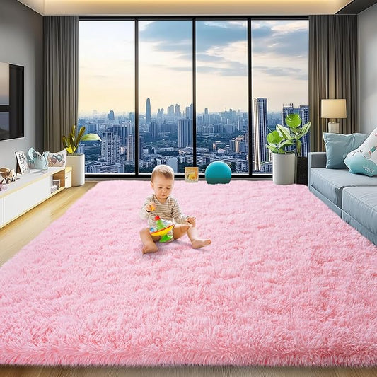 qulint 8x10 Area Rugs for Living Room, Large Fluffy Pink Rug for Bedroom, Soft Shag Shaggy Fuzzy Carpets for Boys and Girls, Modern Alfombras for Kid Room Dorm Room Home Decor (8ft x 10ft, Pink)