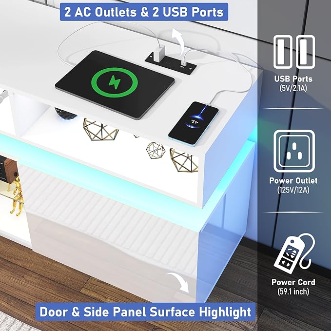 chartustriable LED TV Stand for 75 Inch TV, Modern Tall Entertainment Center with Power Outlets, High Gloss TV Stand, Gaming TV Media Console with Glass Shelf for Living Room, 63 Inch, White
