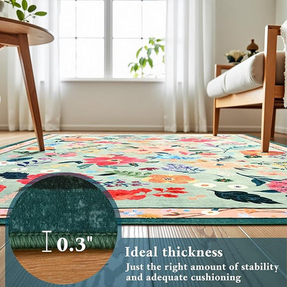 Macgace 2x8 Floral Runner Rug, Flowers Printed Washable Rugs with Non Slip Backing for Girls Bedroom Kitchen Hallway,Cute Carpet Runners Home Aesthetic Decor, Light Green