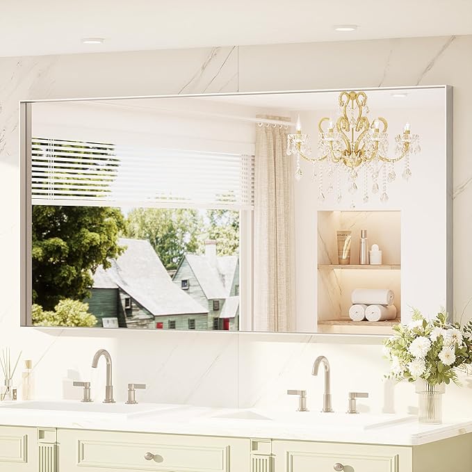TETOTE 72" x 36" Brushed Nickel Bathroom Mirror, Brushed Nickel Vanity Wall Mirror for Bathroom Sink, Tempered Glass, Modern Farmhouse Rectangle Frame Mirrors for Bedroom, Entryway, Living Room