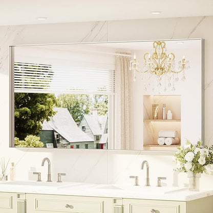 TETOTE 72" x 36" Brushed Nickel Bathroom Mirror, Brushed Nickel Vanity Wall Mirror for Bathroom Sink, Tempered Glass, Modern Farmhouse Rectangle Frame Mirrors for Bedroom, Entryway, Living Room
