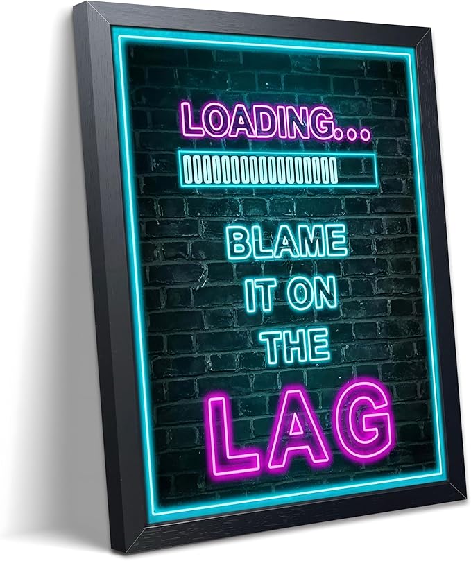 Framed Gamer Wall Art, Boys Game Room Wall Decor Painting, Funny “Blame It On The Lag” Blue Neon Sign Canvas Print Poster, LED Style Loading Screen Game Room Bedroom Decor 8x10 Inch