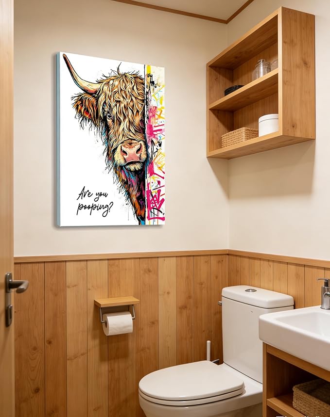 Funny Highland Cow Bathroom Wall Art, Are You Pooping? Graffiti Pop Art Canvas Prints, 16x24 Inch Framed Humorous Farmhouse Bathroom Decor, Colorful Cow Picture for Toilet Washroom Powder Room