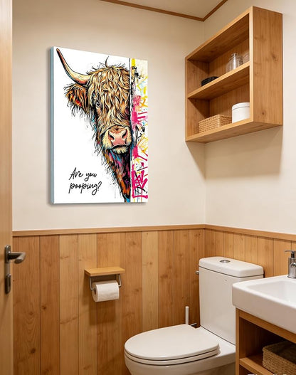 Funny Highland Cow Bathroom Wall Art, Are You Pooping? Graffiti Pop Art Canvas Prints, 16x24 Inch Framed Humorous Farmhouse Bathroom Decor, Colorful Cow Picture for Toilet Washroom Powder Room