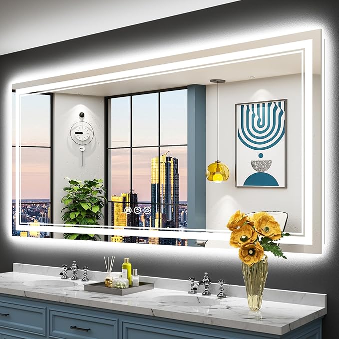 77x36 LED Bathroom Mirror with Lights, Backlit and Front Lit Anti-Fog Lighted Vanity Mirrors for Bathroom Wall, Dimmable, 3-Color Light, Memory, Shatter-Proof, HD Tempered Glass, CRI＞90