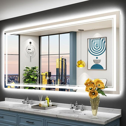 77x36 LED Bathroom Mirror with Lights, Backlit and Front Lit Anti-Fog Lighted Vanity Mirrors for Bathroom Wall, Dimmable, 3-Color Light, Memory, Shatter-Proof, HD Tempered Glass, CRI＞90