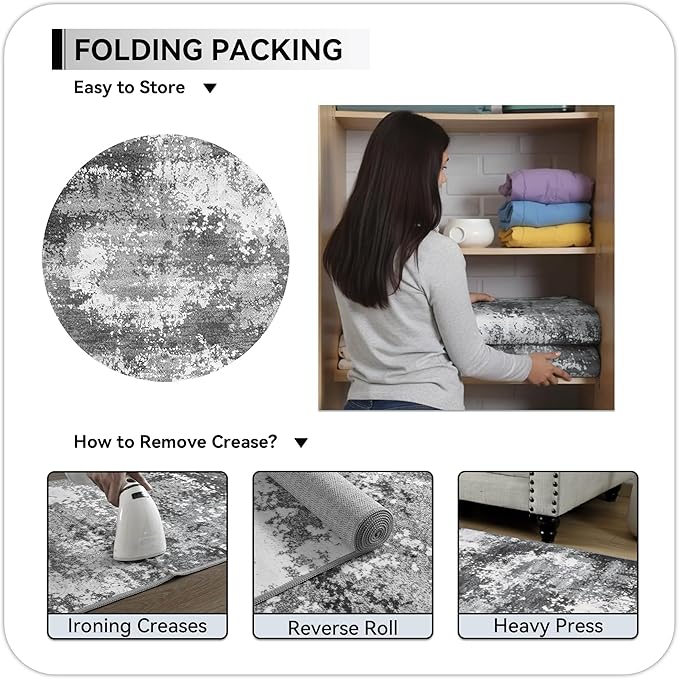 Round Area Rugs 6ft Washable Grey Circle Rug for Entryway Kitchen, Non Slip Soft Low Pile Stain Resistant, Boho Circular Carpet for Living Room Bedroom Dorm Dining Room Table, Abstract Gray
